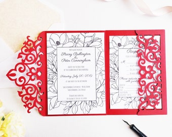 Tri-Fold Pocket Wedding Invitation Cut Template Envelope A7 5x7 Swirl Lace Card Svg Dxf Eps Silhouette Cricut Paper Papercut Laser Cut File