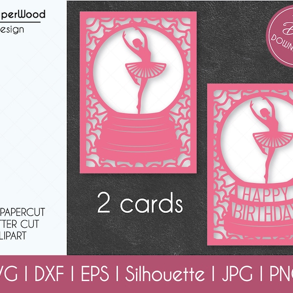 2 Cards Dancing Ballerina in Snowball Templates Papercut Ballet Dancer SVG DXF EPS Silhouette Studio Paper Laser Cut Jpeg Hand Papercut