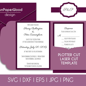 May include: A purple wedding invitation with a laser cut design. The invitation features the names Stacey Bullington and Peter Cunningham, the date Saturday, July 20, 2019, and the location Santa Barbara Courthouse. The invitation also includes a response card with the text "Response" and "Please respond by June 20th".