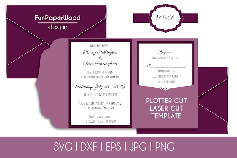 May include: A purple wedding invitation with a laser cut design. The invitation features the names Stacey Bullington and Peter Cunningham, the date Saturday, July 20, 2019, and the location Santa Barbara Courthouse. The invitation also includes a response card with the text "Response" and "Please respond by June 20th".
