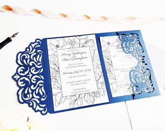Tri-Fold Pocket Wedding Invitation Cut Template Envelope A7 5x7 Swirl Lace Card Svg Dxf Eps Silhouette Cricut Paper Papercut Laser Cut File