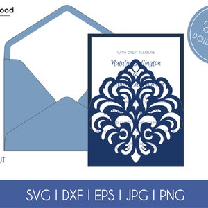 Envelope de bolso de renda redemoinho de casamento a7 5x7 modelo de cartão de convite clássico svg dxf eps diypaper papercut silhueta cricut arquivo de corte a laser