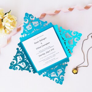 Modelo de corte de convite de casamento quadrado de quatro dobras Cartão de renda redemoinho 6x6 Envelope Svg Dxf Eps Papel Papercut Cricut Silhouette Arquivo de corte a laser