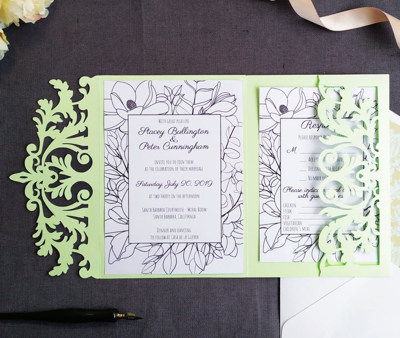 Tri-Fold Pocket Wedding Invitation Cut Template Envelope A7 5x7 Swirl Lace Card Svg Dxf Eps Silhouette Cricut Paper Papercut Laser Cut File imagen 6
