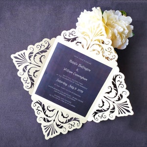 Modelo de corte de convite de casamento quadrado de quatro dobras Cartão de renda redemoinho 6x6 Envelope Svg Dxf Eps Papel Papercut Cricut Silhouette Arquivo de corte a laser