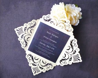 Four-Fold Square Wedding Invitation Cut Template Swirl Lace Card 6x6 Envelope Svg Dxf Eps Paper Papercut Cricut Silhouette Laser Cut File