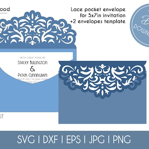 Convite de casamento bolso envelope corte modelo 5x7 clássico redemoinho rendas cartão silhueta cricut svg dxf eps diy papel papercut arquivo de corte a laser