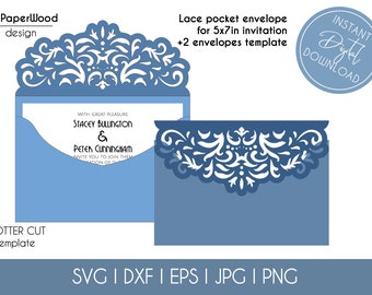 Invitation de mariage Pocket Envelope Cut Template 5x7 Classic Swirl Lace Card Silhouette Cricut Svg Dxf Eps DIY Paper Papercut Laser Cut File