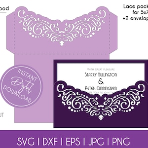 Wedding Invitation Pocket Envelope Cut Template 5x7 Classic Swirl Lace Card Svg Dxf Eps DIY Paper Papercut Laser Silhouette Cricut Cut File