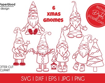 6 Lindo paquete de Gnomos de Navidad Svg Dxf Eps JPEG PNG DIY Silhouette Cricut Papercut Laser Cut File para scrapbooking camisetas tazas regalos