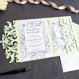 Tri-Fold Pocket Wedding Invitation Cut Template Envelope A7 5x7 Swirl Lace Card Svg Dxf Eps Silhouette Cricut Paper Papercut Laser Cut File imagen 7