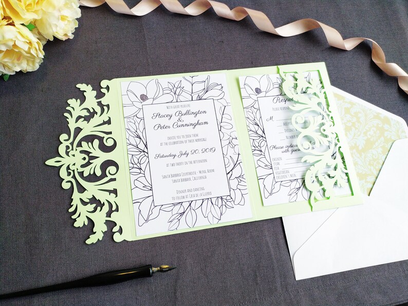 Tri-Fold Pocket Wedding Invitation Cut Template Envelope A7 5x7 Swirl Lace Card Svg Dxf Eps Silhouette Cricut Paper Papercut Laser Cut File imagen 7
