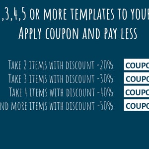 May include: A teal blue background with white text outlining a discount offer for purchasing multiple templates. The text reads "ADD 2,3,4,5 OR MORE TEMPLATES TO YOUR ORDER APPLY COUPON AND PAY LESS".  The discount codes are listed as follows: TAKE 2 ITEMS WITH DISCOUNT -20% COUPON20, TAKE 3 ITEMS WITH DISCOUNT -30% COUPON30, TAKE 4 ITEMS WITH DISCOUNT -40% COUPON40, TAKE 5 AND MORE ITEMS WITH DISCOUNT -50% COUPON50.  The bottom of the image has a logo with the text "PAPER WOOD" and a pair of scissors.