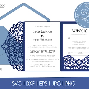 Tri-Fold Pocket Hochzeit Einladungsvorlage Briefumschlag A7 5x7 Swirl Lace Card SVG DXF EPS Paper Papercut Laser Cut File Silhouette Cricut