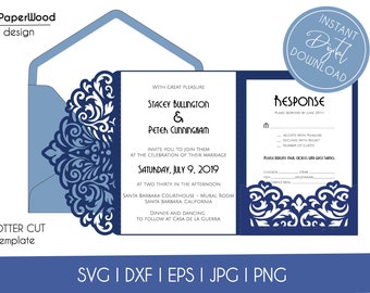 Tri-Fold Pocket Wedding Invitation Cut Template Envelope A7 5x7 Swirl Lace Card SVG DXF EPS Paper Papercut Laser Cut File Silhouette Cricut