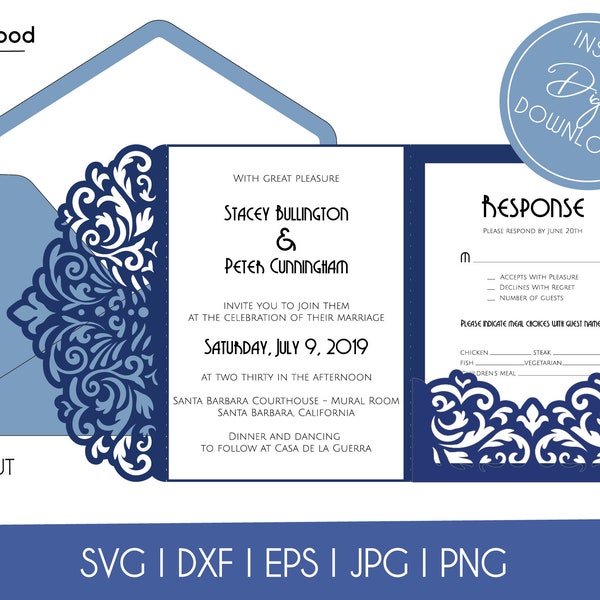 Tri-Fold Pocket Wedding Invitation Cut Template Envelope A7 5x7 Swirl Lace Card SVG DXF EPS Paper Papercut Laser Cut File Silhouette Cricut