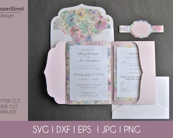 Set Classic Tri Fold Pocket Wedding Invitation Envelope A7 5x7in RSVP Card Vector Svg Dxf Eps Pdf Silhouette Cricut Paper Laser Cut Template