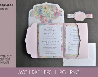 Set Classic Tri Fold Pocket Invitación de boda Sobre A7 5x7in RSVP Tarjeta Vector Svg Dxf Eps Pdf Silueta Cricut Papel Plantilla de corte láser