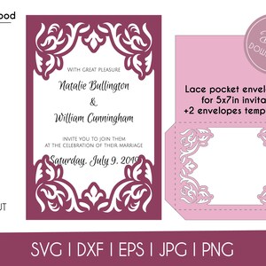 Wedding Invitation Pocket Envelope Cut Template 5x7 Classic Swirl Lace Card Svg Dxf Eps DIY Paper Papercut Silhouette Cricut Laser Cut File