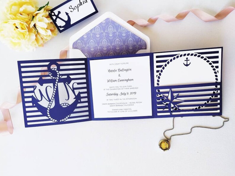 Set Tri Fold Pocket Invitation 6x6 in Ocean Seaside Summer Wedding Envelope RSVP Card Vector Svg Dxf Eps Silhouette Paper Laser Cut Template
