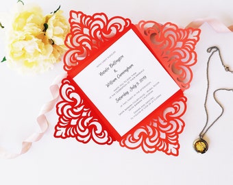 Four-Fold Square Wedding Invitation Cut Template Swirl Lace Card 6x6 Envelope Svg Dxf Eps Paper Papercut Cricut Silhouette Laser Cut File
