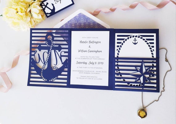 Set Tri Fold Pocket Invitation 6x6 in Ocean Seaside Summer Wedding Envelope RSVP Card Vector Svg Dxf Eps Silhouette Paper Laser Cut Template