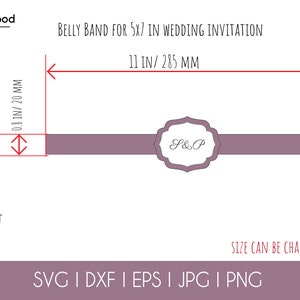 May include: A purple belly band template for a 5x7 inch wedding invitation. The band is 11 inches long and 0.8 inches wide. The template includes the text "S&P" in a decorative font. The text "Plotter Cut Laser Cut Template" and "SVG | DXF | EPS | JPG | PNG" are also included. The text "Size can be changed" is included.