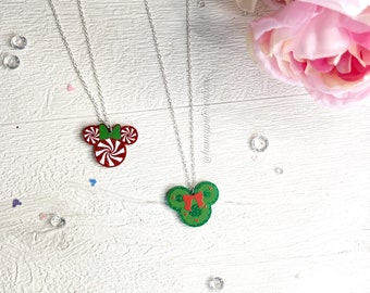 Mouse Shaped Candy Cane or Wreath Christmas Necklaces