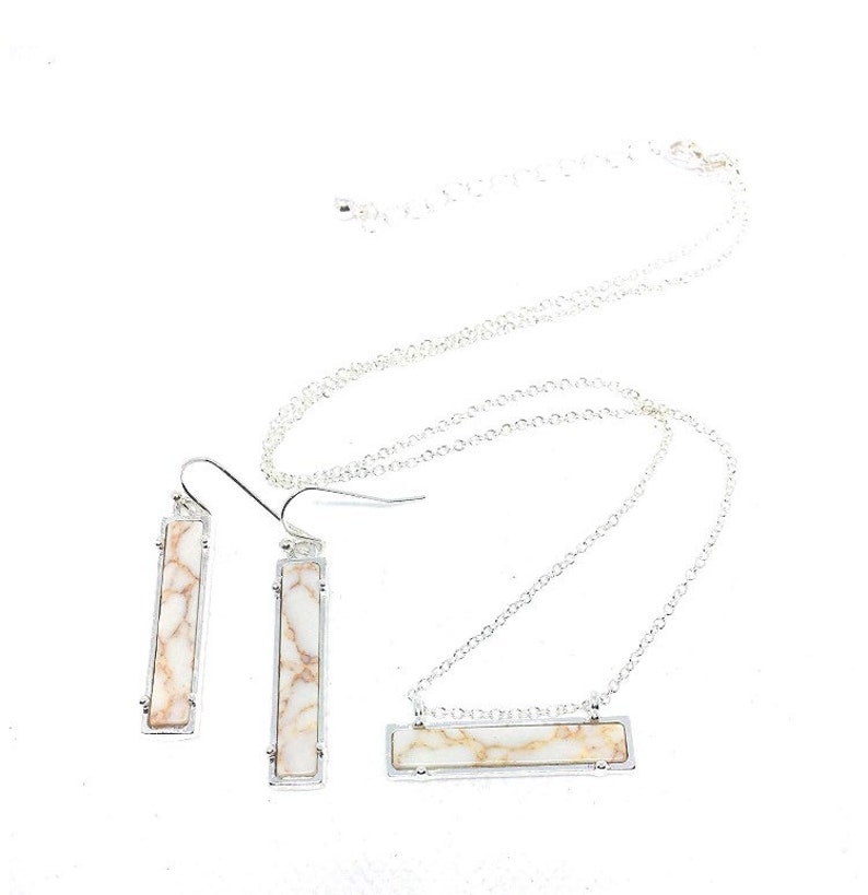 NEW White Howlite Bar Set Necklace and Earrings in Silver Metal Tone