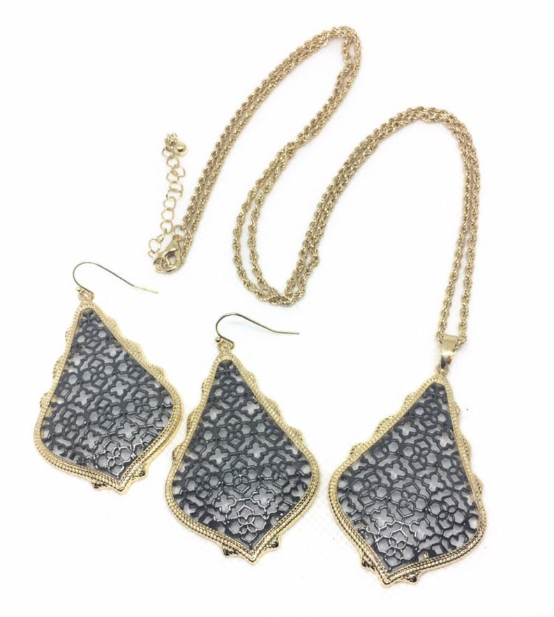 NEW 3D Metal Filigree Set Necklace and Earring Set in 7 Colors