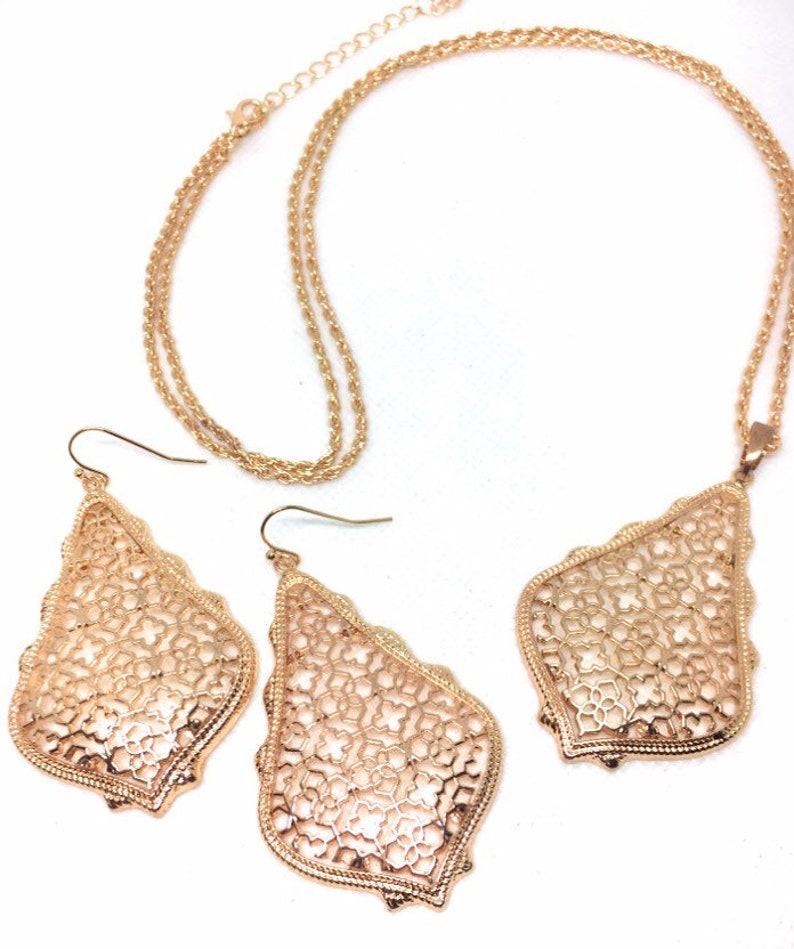 NEW 3D Metal Filigree Set Necklace and Earring Set in 7 Colors