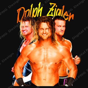 May include: A wrestler with a muscular physique and blonde hair poses with two other wrestlers. The wrestler in the centre has the name "Dolph Zigler" written in orange and yellow text above him.
