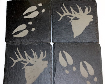 Posavasos de pizarra grabado con láser, juego de 4, posavasos de cerveza cuadrado personalizado Bull Elk & Elk Tracks, soporte para bebidas de pizarra, tapete para taza de café