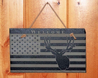 Laser Engraved Slate American Flag Welcome Sign with Mule Deer Silhouette, Slate Hanging Welcome Sign, Military Gift, Gifts For Him