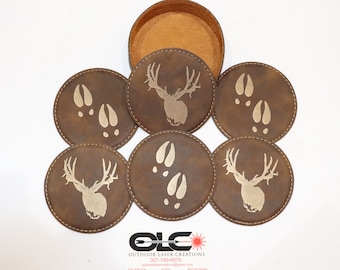Custom Mule Deer & Deer Tracks Juego de posavasos redondos de 6, posavasos de cerveza, soporte para bebidas de cuero sintético, tapete para tazas, regalo para cazadores