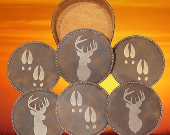 Regalo de cazador de ciervos, juego de posavasos de cuero de 6, regalo del tercer aniversario, regalo de inauguración de la casa, accesorios de campamento de caza, regalo moderno del noveno aniversario