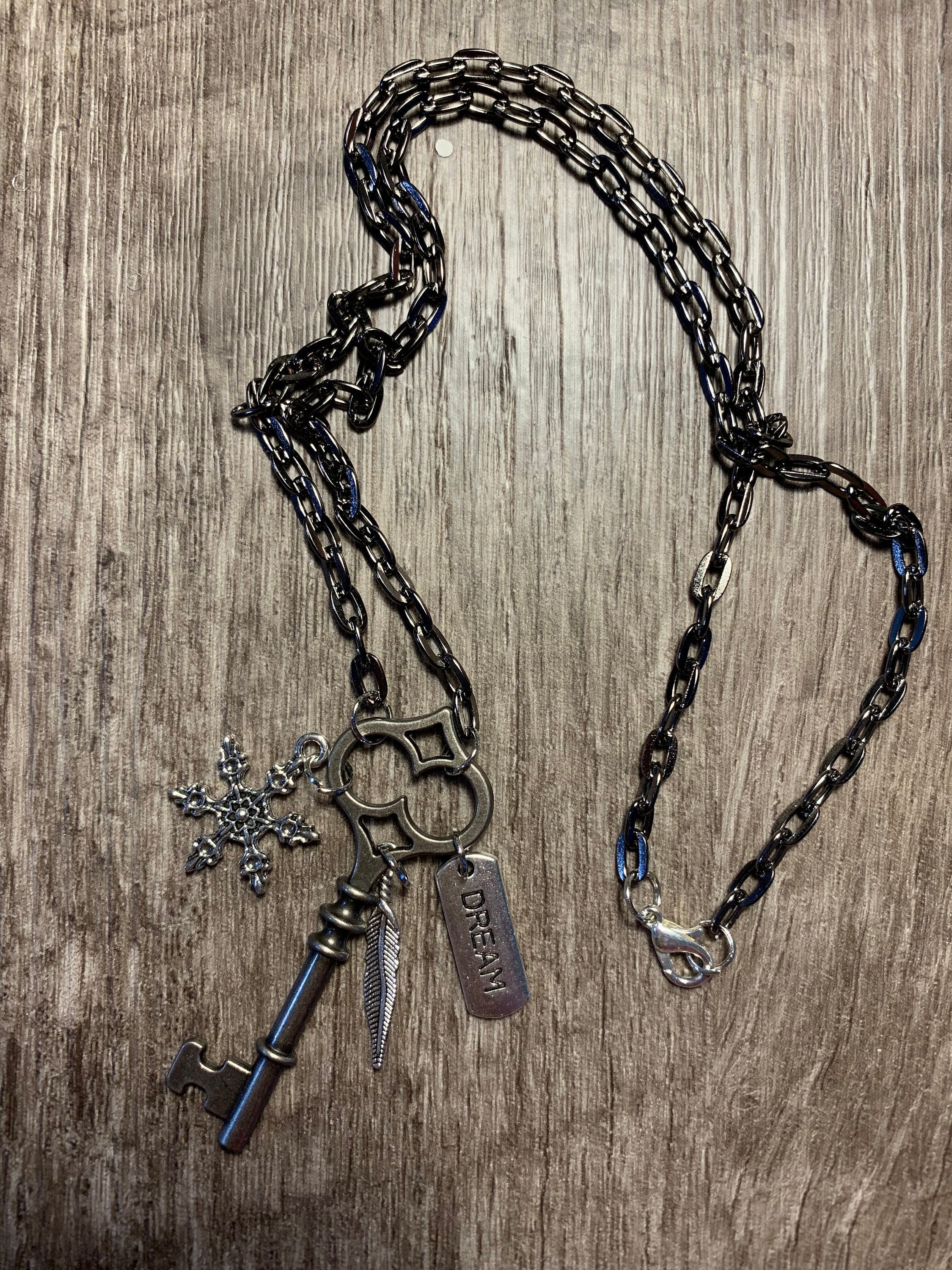 Necklace Key and Snowflake Charm Key & Charm Necklace Charm Etsy