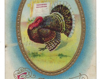 Thanksgiving Greeting with Turkey in Inset Vintage Postcard