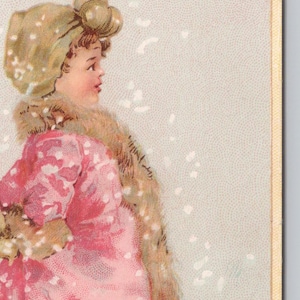 Thread - J & P COATS, sneeuw met meisje in roze jas, Victoriaanse reclame 0850
