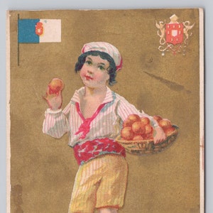 Antike französische Werbehandelskarte, Boy Oranges Portugal, W.J. O'Brien, Sacramento