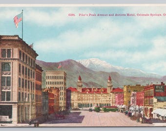 1714 Colorado Springs CO Pike's Peak Avenue Antlers Hotel Postcard