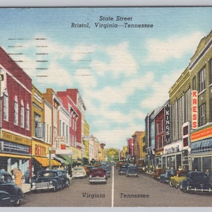Bristol Virginia VA State Street Scene VA Tennessee Border Linen Postcard 1344