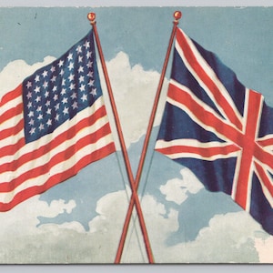 Cartolina patriottica con bandiera americana d'epoca e bandiere incrociate, bandiera del Regno Unito 7506