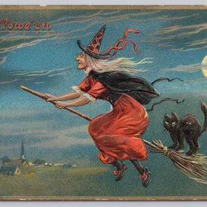 Cartolina Raphael Tuck Strega volante, Strega che vola sulla scopa, Luna crescente, Gatto nero
