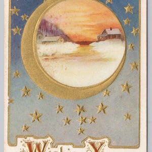 Carte Postale Scène d'hiver enneigée en médaillon de croissant de lune de Noël