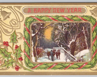 0464 A HAPPY NEW YEAR Vintage Postcard, Winter Scene, Horses