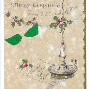 Vintage Norcross 1930’s Christmas Card, Actual Green Ribbon Bow , Candlestick