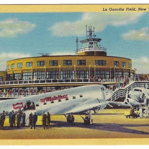 LaGuardia Field Flugzeuge Luftfahrt Flughafen 1945 New York Leinen Postkarte