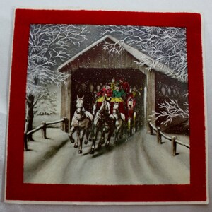 Vintage Weihnachtskarte, roter Filz Rand Covered Bridge, Frohe Weihnachten, Vintage Karte, signiert