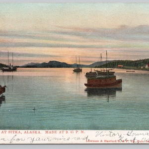 Bel tramonto a Sitka, Alaska, 21:45, Barche, Cartolina d'epoca 0865